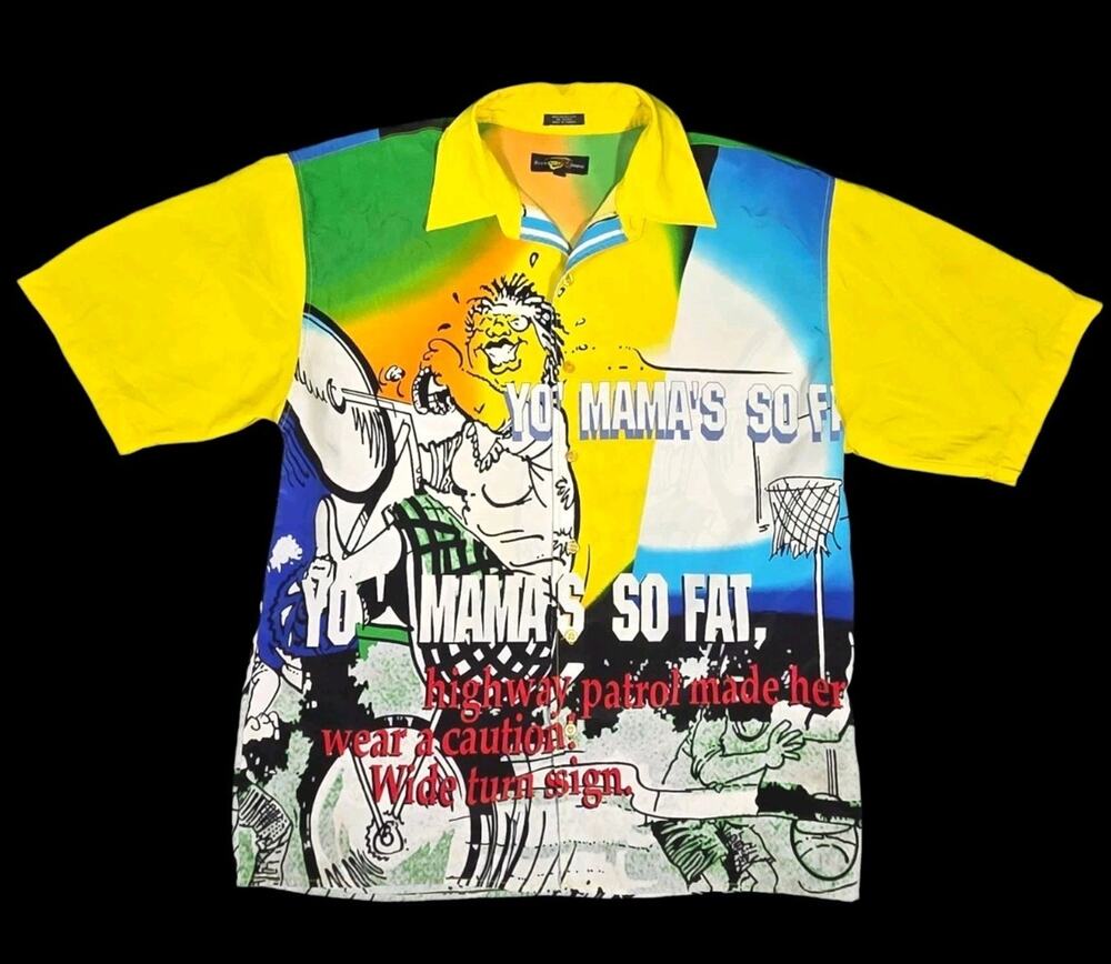 Vintage Yo Momma Casual Button-Up Shirt XL 90s AOP Novelty Streetwear Boom X